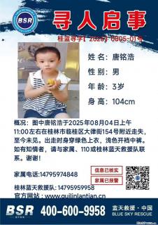 【寻人启事】图中唐铭浩于2025年08月04日上午11:00左右在桂林市临桂区大律街154号附近走失 - 天津28生活网 tj.28life.com